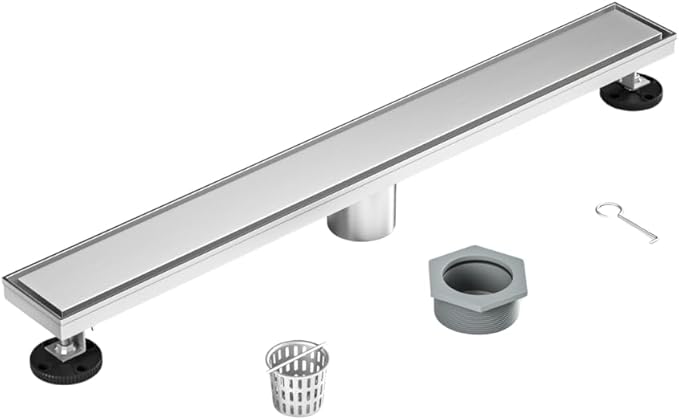 24 Inch Rectangular Linear Shower Drain Set with Reversible Flat & Tile Insert Cover, 304 Stainless Steel Bathroom Floor Drain with Hair Catcher, Shower Floor Drain Includes Adjustable Leveling Feet