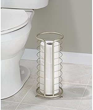mDesign Metal Toilet Paper Holder Stand - Storage Reserve for 3 Rolls of Toilet Tissue - Freestanding Toilet Paper Holder - Stylish Bathroom Floor Toilet Paper Stand - Omni Collection - Satin