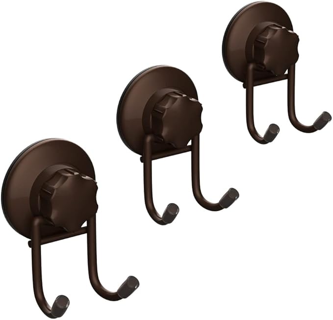 SANNO Suction Cup Hooks, Shower Squeegee Holder Towel Robe Loofah Hanging Hook for Bathroom Kitchen, Bathroom Accessories, Bronze (2 Pack)