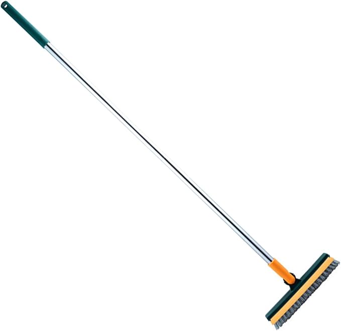2 in 1 Floor Brush Scrubber with Long Handle Rotating Grout Brush Scrape V Shape Scrub Brush with Squeegee Deck Scrubber Brush for Deck Bathroom Kitchen (Yellow and Green)
