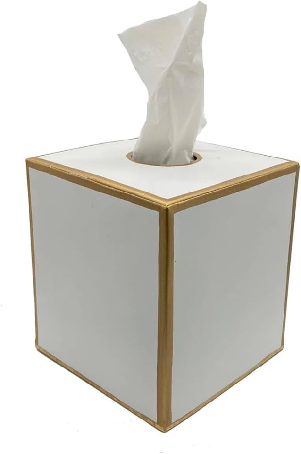 Jaye’s Studio Metal Decorative Tissue Box Cover Square Tissue Box Holder For Bathroom & Bedroom White And Gold Desk Accessories, Facial Tissue Dispenser White Tissue Box Cover Gold For Farmhouse Decor