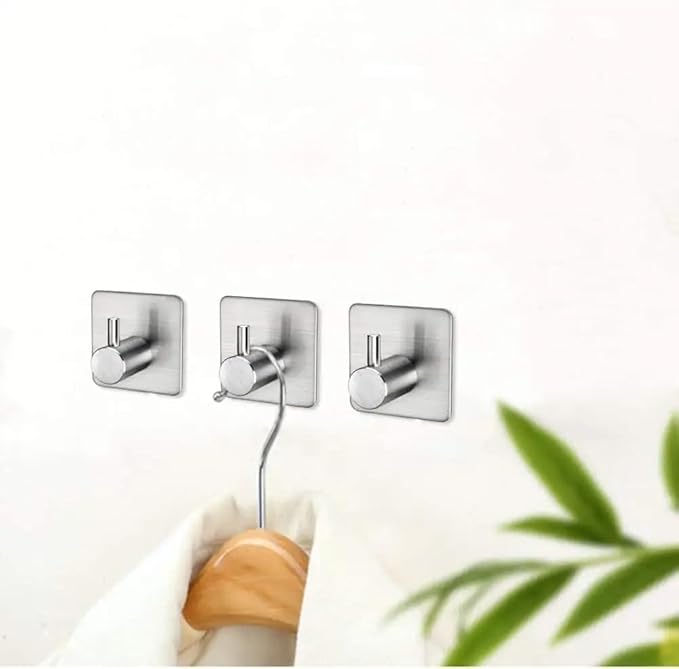 4-Pack Adhesive Hooks – Heavy Duty Stainless Steel Stick-On Wall Hooks for Bathroom, Kitchen, Doors, and Cabinets – Waterproof, Rust-Resistant, No Drill Required (Black/Silver)