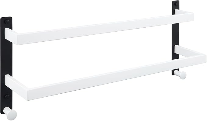 Bath Double Towel Bars with Hooks, 24 Inch Stainless Steel Towel Rail, Wall Mount Towel Rack for Bathroom Lavatory, White & Black
