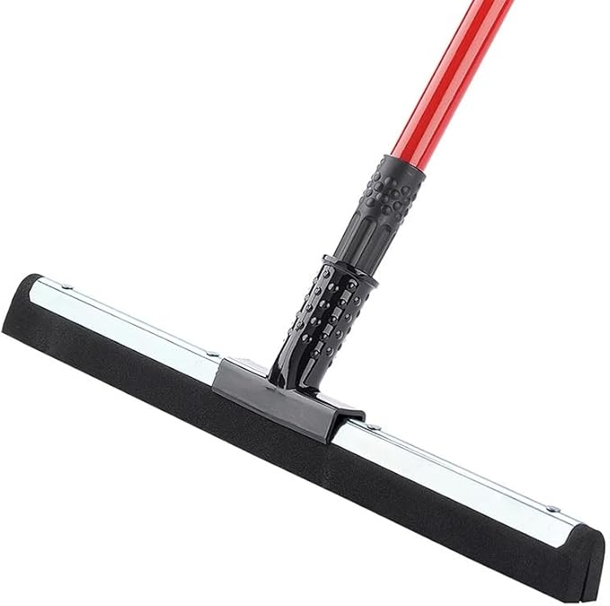 20" Commercial Flex Rubber Floor Squeegee - Heavy-Duty Steel Handle, Red, for Garage/Workshop/Janitorial Use, Professional Cleaning Essential