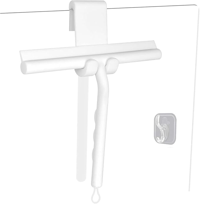 Squeegee for Shower Glass Doors, Resilient Loop - No-Drill & Adhesive Hook, Silicone Shower Squeegee with Stainless Steel Core, Cleaning Tool for Home, Kitchen, Bathroom & Car - White