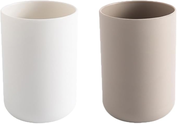 Bathroom Plastic Toothbrush Cup, Tumbler for Home Bathroom Toothbrush Holder, Unbreakable Dishwasher Safe, Reusable and Sturdy Drinking Cup, 11 OZ (White&Brown)
