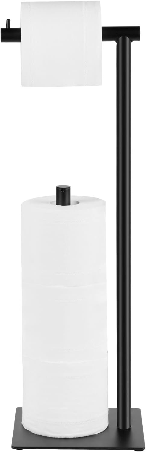Black Toilet Paper Holder Stand, Bathroom Toilet Tissue Paper Roll Storage Free Standing Tissue Roll Holder Industrial Toilet Paper Dispenser for Farmhouse Washroom