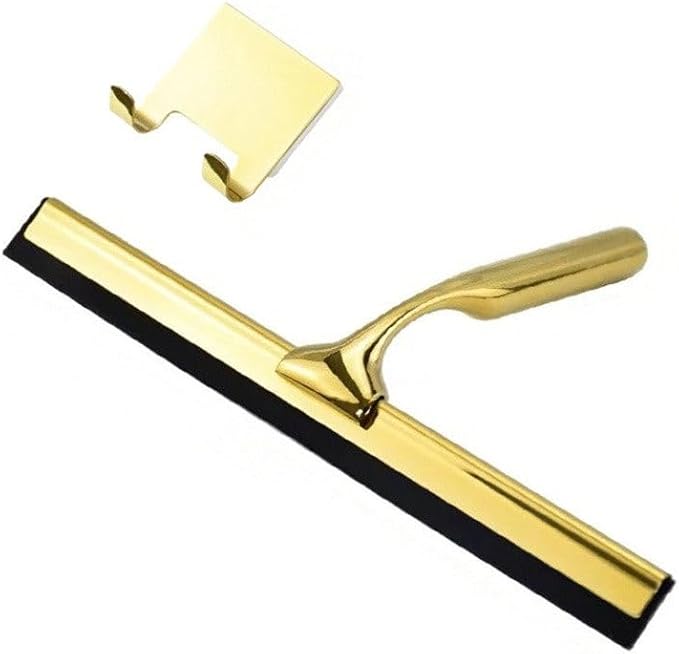 Gold T Design Aluminum Shower Squeegee with Silicone Brush for Bathroom Door Mirror Car Glass with Hook Scraper Cleaner,Gold,25.6 * 16.5cm Hook Type