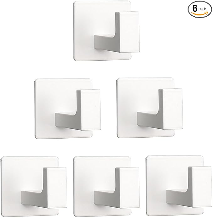 Bath Towel Hooks, 6 Pack Self Adhesive Square Coat Hooks, Sturdy No Drilling Robe Hook, Heavy Duty Aluminum Clothes Hanger, Wall Hooks for Bathroom Bedroom Kitchen (2 in, White)