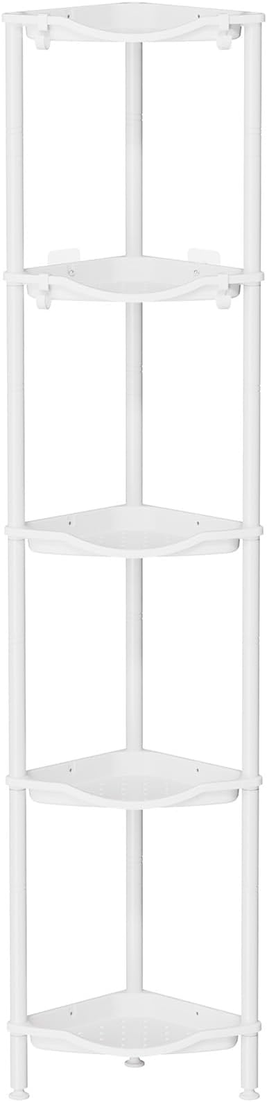 Lifewit Floor Standing Shower Caddy Corner, 5 Tier Plastic Shower Stand Rack with Adjustable Feet and Hooks, Rustproof Bathroom Shelf Organizer, White，34 x 24 x 139 cm/13 x 9.5 x 55 inch