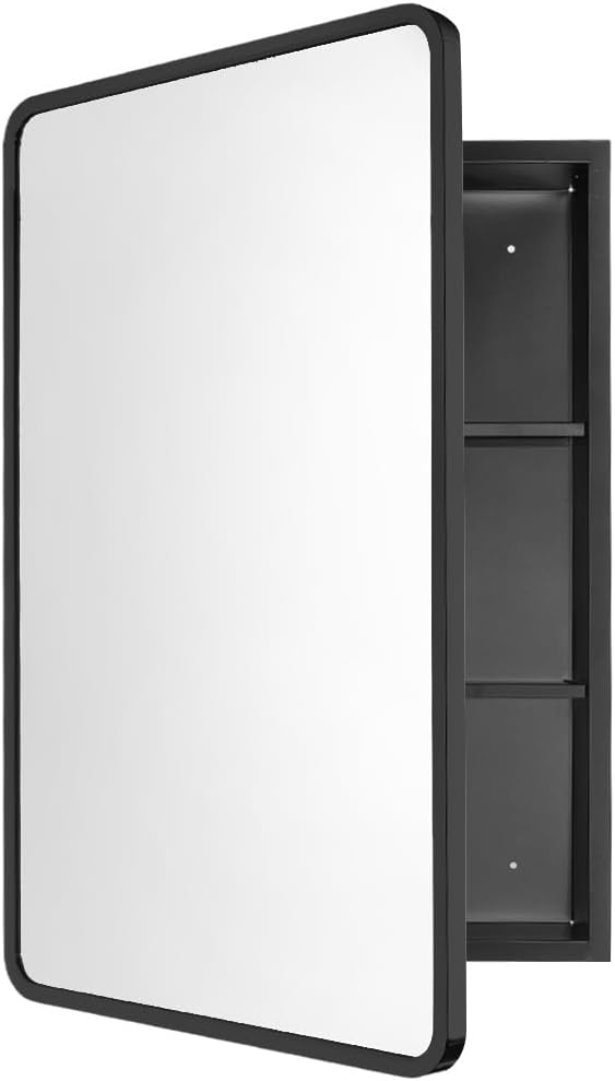 Movo Black Metal Framed Bathroom Mirror Medicine Cabinet, 20 Inch x 31 Inch, Tilting Beveled Vanity Mirror, Recess or Surface Mount Installation