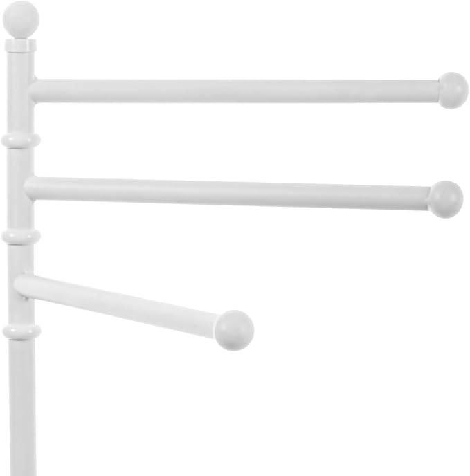 MyGift 40 Inch Bathroom Towel Holder, Matte White Metal Floor Standing Rack with 3 Swivel Bars, Spa Pool Hot Tub Valet Accessories Stand for Drying Towels