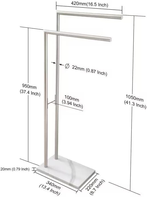 41 Inch Standing Towel Rack Double L Shape Bath Towel Sheet Holder with Marble Base for Bathroom Floor Next to Tub or Shower Towel Stand for Bathroom Floor Stainless Steel Brushed Nickel