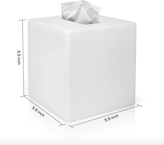 White Tissue Box Cover - Modern Tissue Holder, Lacquer High Gloss Finish & Rounded Edges - Cube Square Box. Bathroom, Desks, Kitchen Countertop, Dressers - Wont Move When You Pull a Tissue!