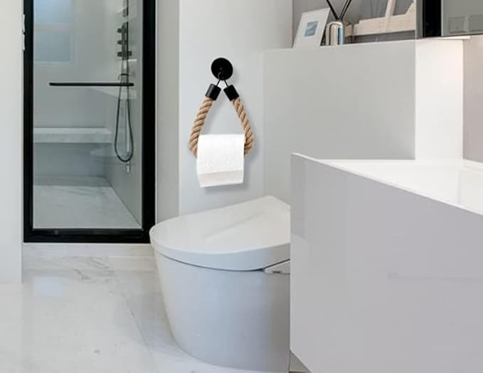 WONQEXZ Nautical Rope Toilet Paper Holder - Self Adhesive, No Drill Required, Black, Stainless Steel and Cotton Rope
