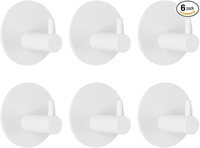 Miliocry 6 Packs Bathroom Towel Hooks, Adhesive Hooks Heavy Duty Wall Hook, Waterproof Stainless Steel Towel Hanger Robe Hat Coat Holder, Wall Mount Hooks for Bathroom,Bedroom,Kitchen (White-Round)