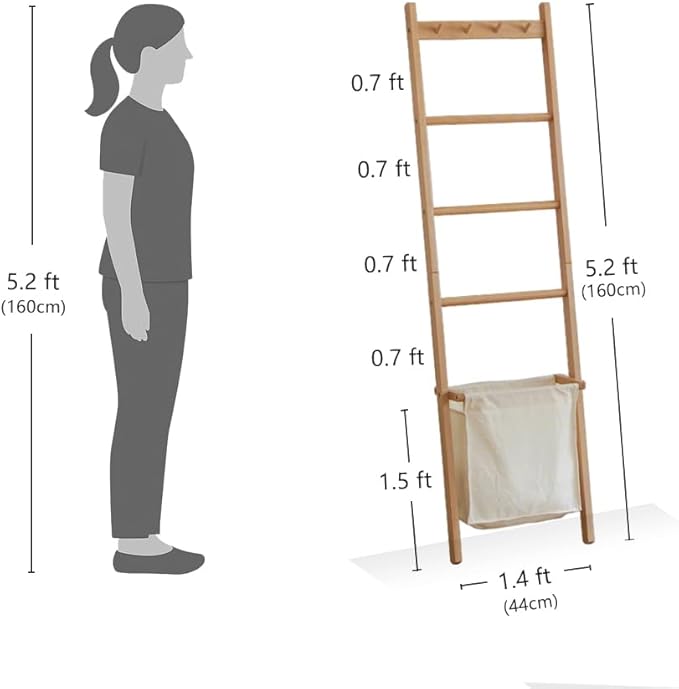 Beech Wood Blanket Ladder, 5.3ft Natural Farmhouse Quilt Holder with Top Hooks, 4-Bar Decorative Throw Rack, Towel Shelf for Living Room, Bedroom, Small Space Storage (Natural Cloth Bag)