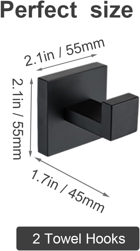 Matte Black Towel Hooks 2 Pack, SUS304 Stainless Steel Bathroom Robe Hook, Heavy Duty Modern Square Coat Holder, Rustproof, Anti-Rotation Wall Mount for Hand Towels & Bath