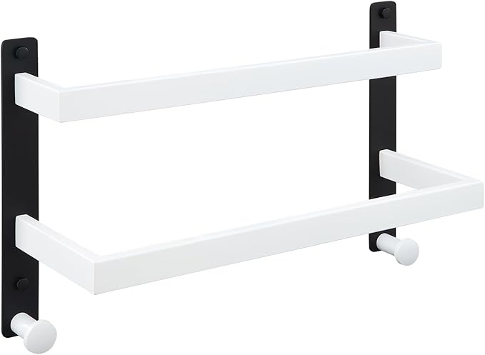 Bath Double Towel Bars with Hooks, 16 Inch Stainless Steel Towel Rail, Wall Mount Towel Rack for Bathroom Lavatory, White & Black