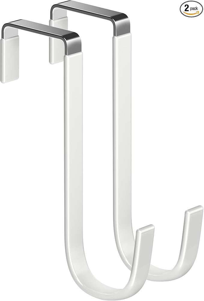 Over The Door Metal Hooks with Plastic Coating 5.5" Fit 0.5" to 1 3/8" Door 2 Pcs Heavy Duty Single Towel Robe Rack Wreath Bathroom Shower Hanger Shoe Organizer Ironing Board Short White