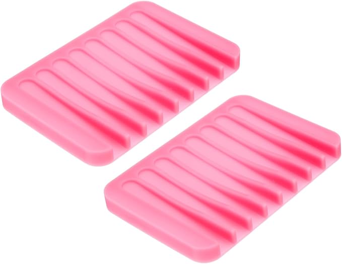 uxcell 2 Pcs Self Draining Silicone Soap Dish, Soap Tray with Drainage for Bathroom Shower Kitchen Sink, 4.5" x 3.1" x 0.4", Pink