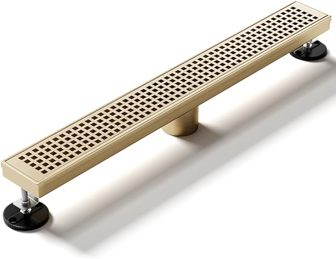 Linear Shower Drain 24 Inch Gold, Brushed AISI 304 Stainless Steel Shower Drain with Square Hole Panel, for Bathroom, Kitchen, Garage & More