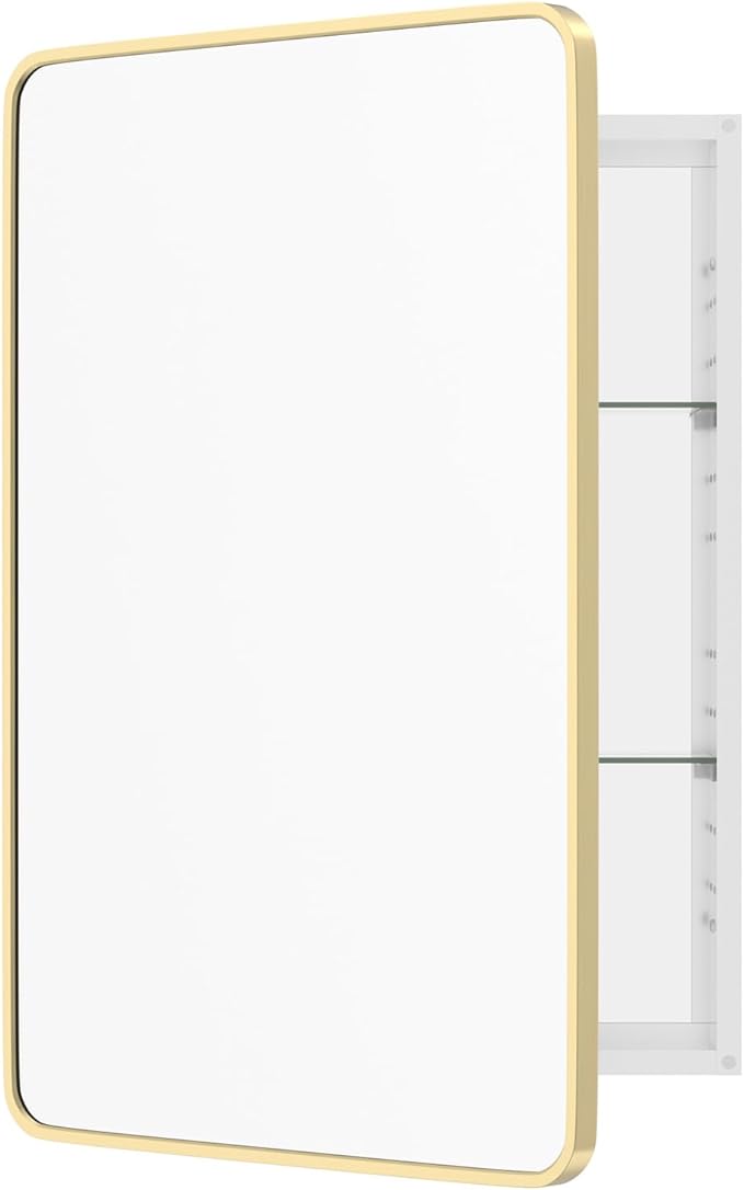 WallBeyond Bathroom Medicine Cabinet with Mirror, 24x36 Inch Gold Recessed Medicine Cabinet with Round Corner Aluminum Alloy Metal Framed, Single Door Modern Mirror Cabinet with Storage