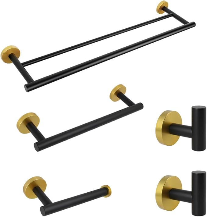 5-Pieces Bathroom Accessories Kit Black & Gold Wall Mounted - Includes 24" Double Towel Bar, 12" Hand Towel Bar, Toilet Paper Holder, 2X Robe Towel Hooks