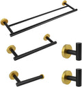 5-Pieces Bathroom Accessories Kit Black & Gold Wall Mounted - Includes 24" Double Towel Bar, 12" Hand Towel Bar, Toilet Paper Holder, 2X Robe Towel Hooks