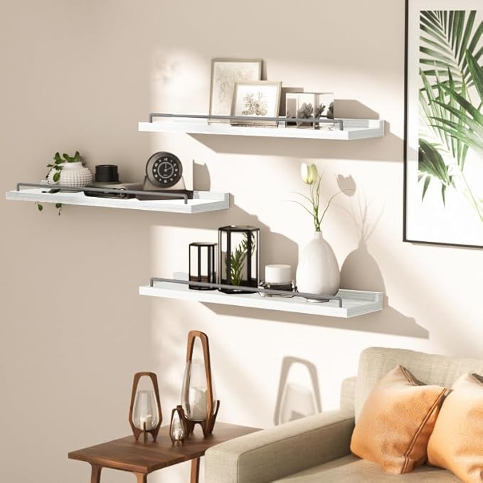 22 inches Long Floating Shelves, Bathroom Decor Shelves Over Toilet, Farmhouse Wall Shelves for Living Room, Bedroom, Picture Frames, Plants, Kitchen, Set of 3 (White and Grey)