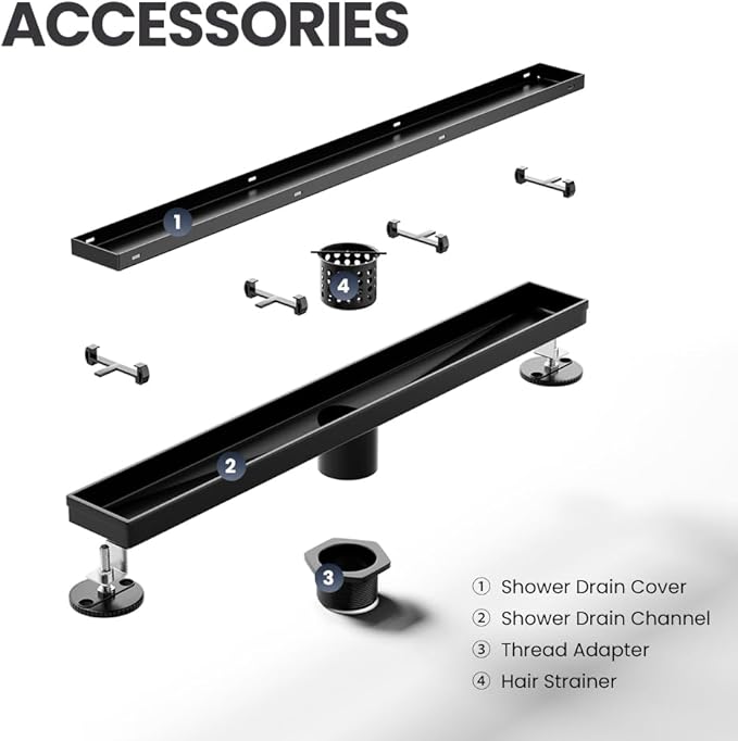 Linear Shower Drain 18 Inch Black, Shower Drain with 2-in-1 Tile Insert Panel, Brushed AISI 304 Stainless Steel Linear Drain for Fast Drainage, Floor Drain for Bathroom, Kitchen, Garage & More