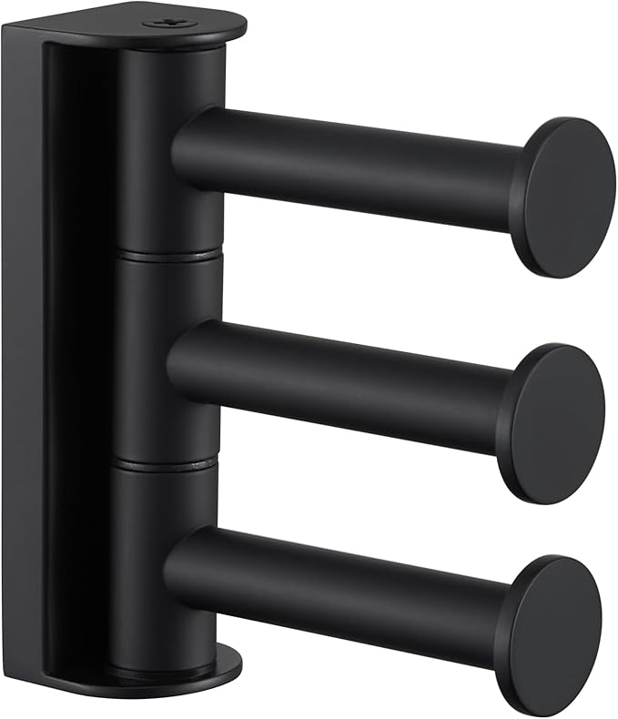 APLusee Swivel Towel Hook 3 Arms Matte Black, 304 Stainless Steel Foldable Coat Hanger Bathroom Robe Towel Hook, Wall Kitchen Storage Holder
