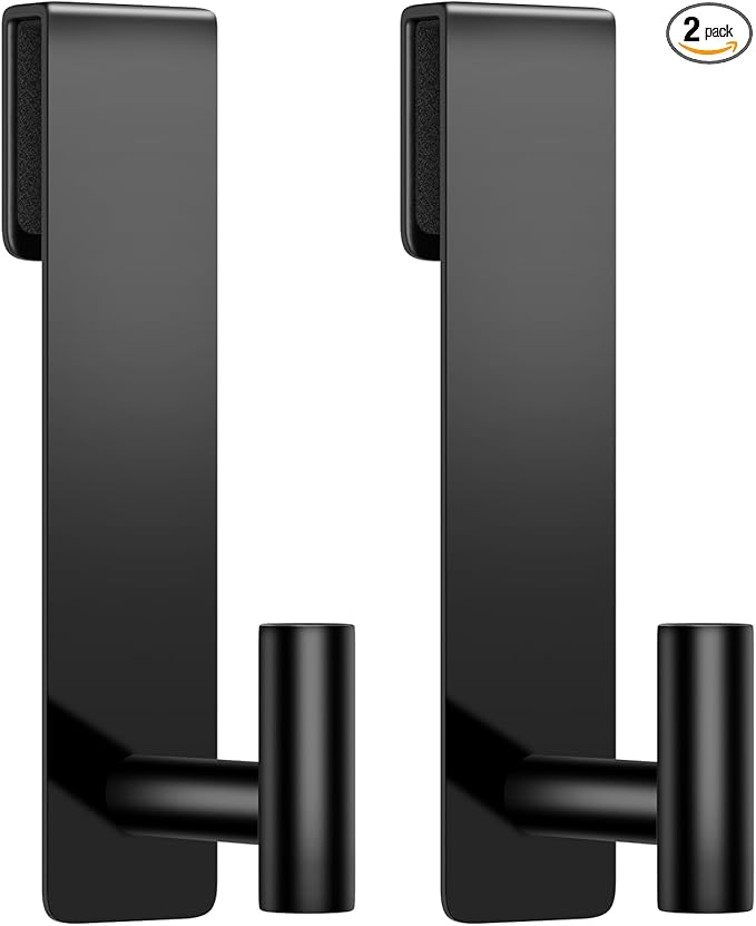 Shower Door Hooks, Heavy Duty Rack Hooks for Robe, Stainless Steel Towel Hooks for Bathroom, Fits Frameless Glass Shower Doors up to 3/8" (10mm) Thick (Black, 2 Pack)