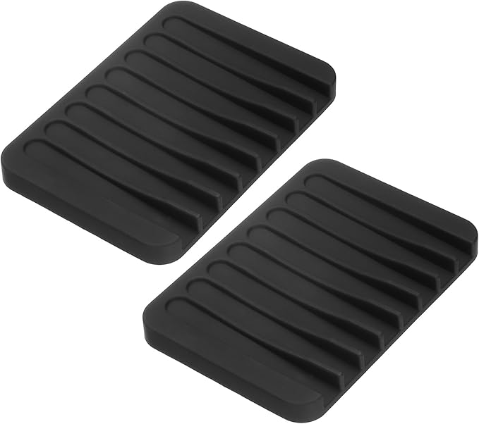 uxcell 2 Pcs Self Draining Silicone Soap Dish, Soap Tray with Drainage for Bathroom Shower Kitchen Sink, 4.5" x 3.1" x 0.4", Black