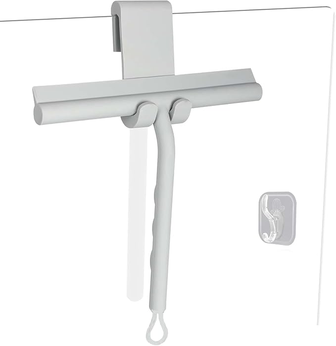Squeegee for Shower Glass Doors, Resilient Loop - No-Drill & Adhesive Hook, Silicone Shower Squeegee with Stainless Steel Core, Cleaning Tool for Home, Kitchen, Bathroom & Car - Grey