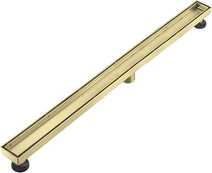 Linear Shower Floor Drain, Brushed Gold 54 Inch 304 Stainless Steel Bathroom Drains Kit, Rectangular Shower Trench Drain with Reversable Tile-in Pattern Drain Cover & Hair Catcher