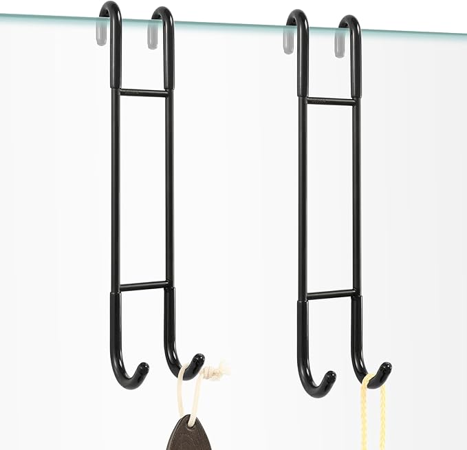 NINETREX Shower Door Hooks,Over Glass Door Hooks for Bathrooms Frameless Glass,Heavy Duty SUS 304 Stainless Steel Hook for Towels,Squeegee,Loofah,Shaver,Robe,2 Pack,Black,10Inch