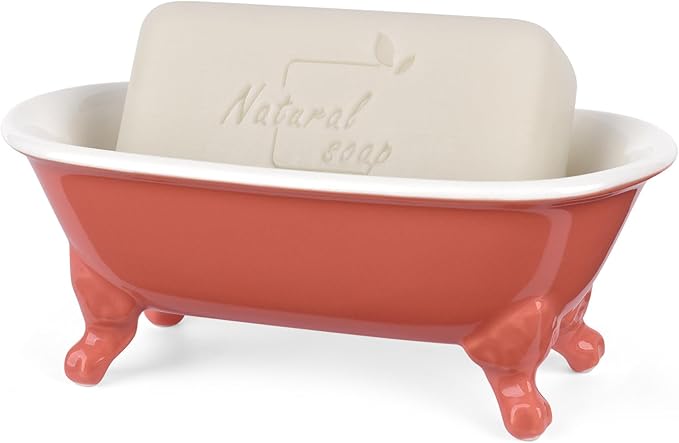 6.5" Ceramic Mini Decorative Clawfoot Bathtub Bar Soap Dish, Kitchen Sponge Holder and Shower Tray for Bathroom, 1 Pack(Coral)