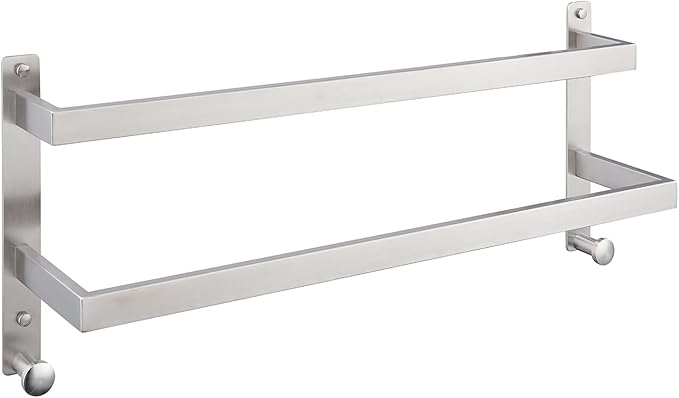 Bath Double Towel Bars with Hooks, 24 Inch Brushed Stainless Steel Towel Rail, Wall Mount Towel Rack for Bathroom Lavatory