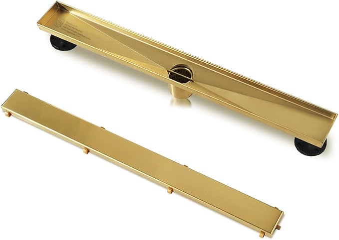 Neodrain 28-Inch Gold Linear Shower Drain, 2-in-1 Flat & Tile Insert Cover, Stainless Steel Linear Drain, Brushed Brass Rectangle Shower Floor Drain with Hair Strainer, Watermark&CUPC Certified