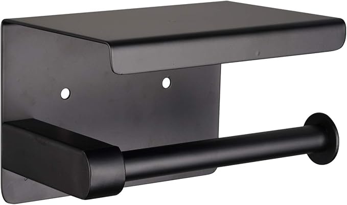 Matte Black Toilet Paper Holder Adhesive, Toilet Paper Roll Holder with Shelf, 3M Adhesive No Drill or Wall-Mounted with Screws for Bathroom & Kitchen