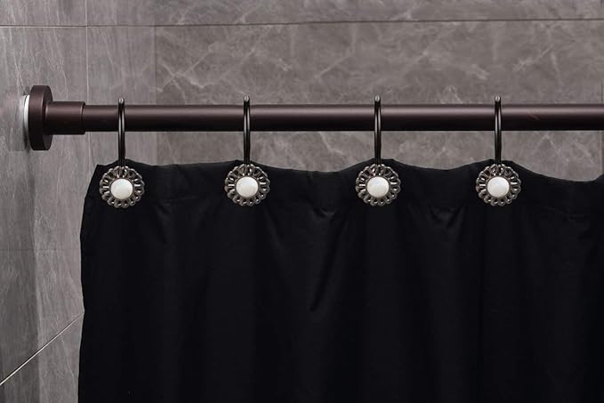Oil Rubbed Bronze Shower Curtain Hooks, Decorative Sunflower Shower Curtain Rings for Bathroom Shower Curtain Rods and Liner,Metal Shower Hooks, Floral Pearl Shower Rings for Curtain Set of 12