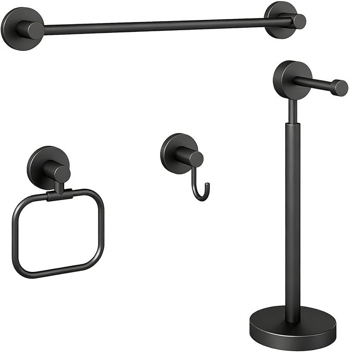 YUMORE 4-Piece Bathroom Set with Privot Toilet Paper Holder | All-in-One Wall Mounted Hardware Combo, Matte Black