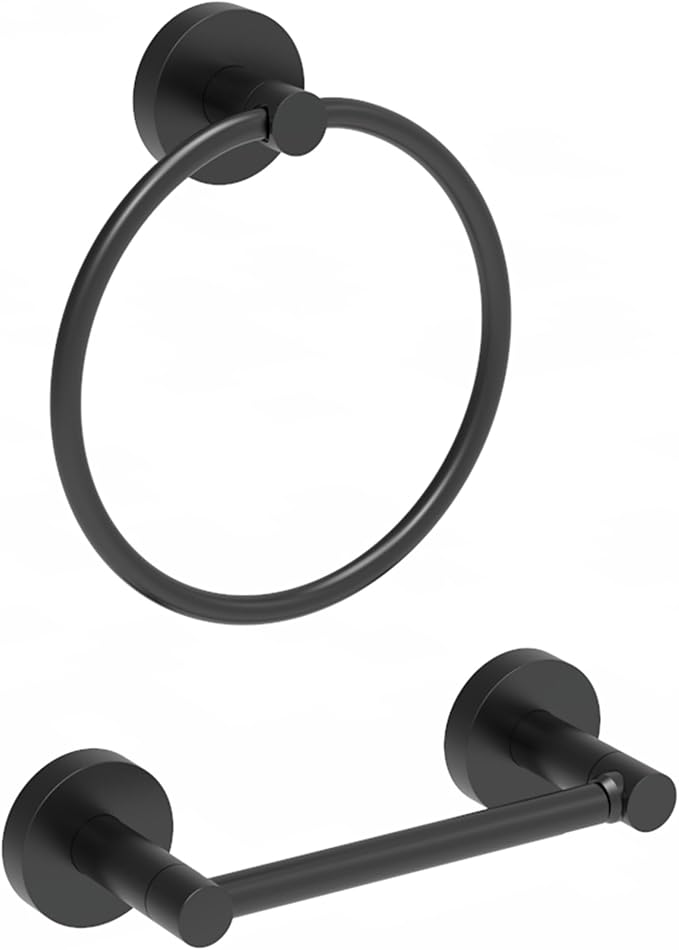Bathroom Hardware Set 2 Piece-Black Towel Ring and Toilet Paper Holder Stainless Steel and Zinc Alloy Bathroom Hand Towel Holder Towel Hanger Matte Black Wall Mounted (Update)