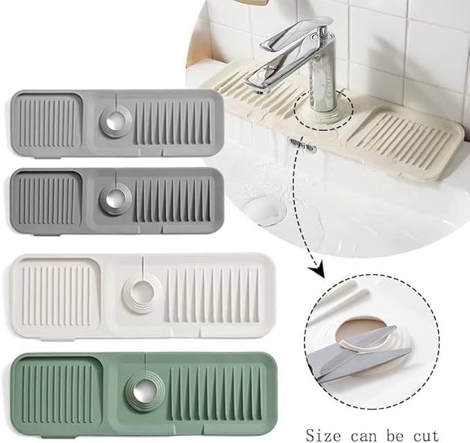 Silicone Faucet Splash Guard Mat, Self-Draining Drip Catcher Tray for Kitchen & Bathroom Sink, Soap Sponge Holder, Countertop Protector for Faucet Base (White, Extra Larg)