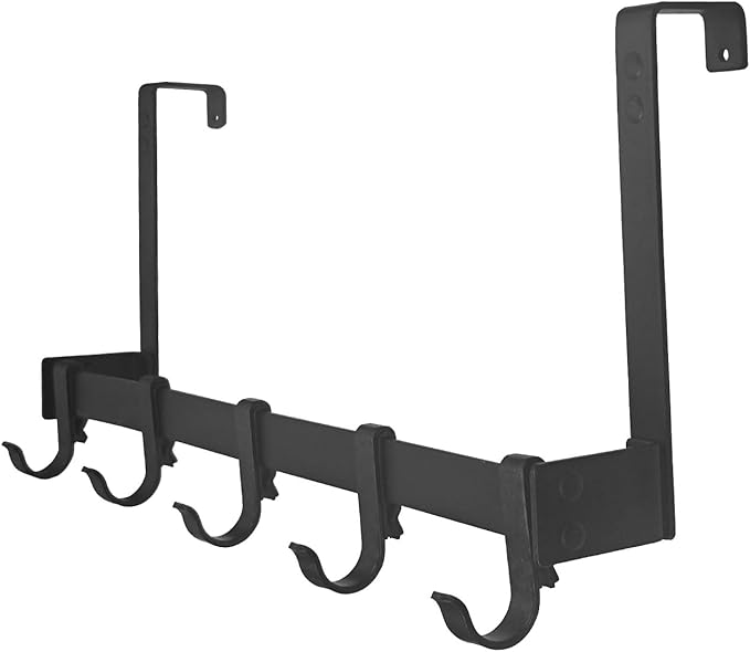 18" Over The Door Hook Rack with 5 Movable Hooks, Soft Iron Finish, for Bedroom, Bathroom, Walk-in Closet, Laundry Room and More - Black