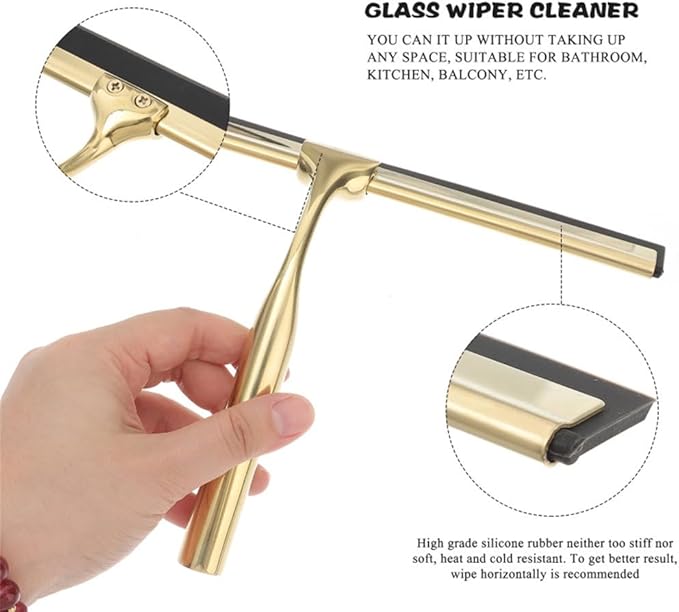 Gold T Design Aluminum Shower Squeegee with Silicone Brush for Bathroom Door Mirror Car Glass with Hook Scraper Cleaner,Gold,25.6 * 16.5cm Hook Type