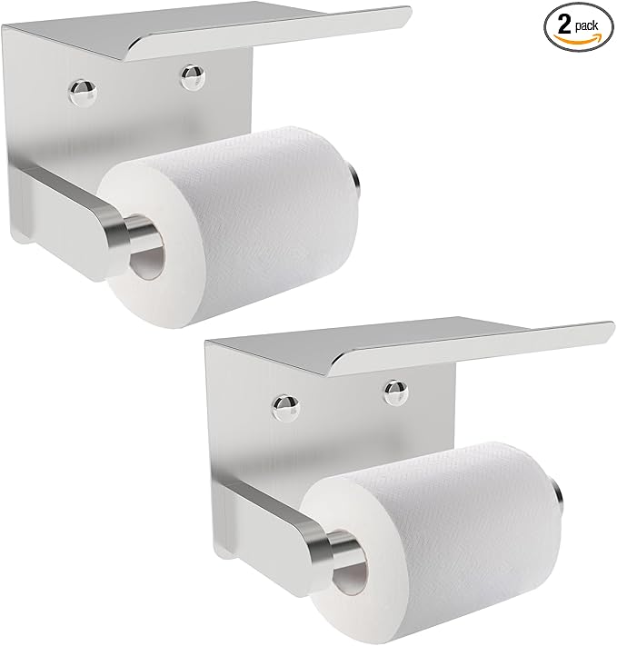 SetSail Toilet Paper Holder with Shelf Adhesive or Screw-in Bathroom Toilet Paper Roll Holders Wall Mount Brushed Nickel Heavy-Duty Tissue Holder for Bathroom Hardware Accessories, 2 Packs