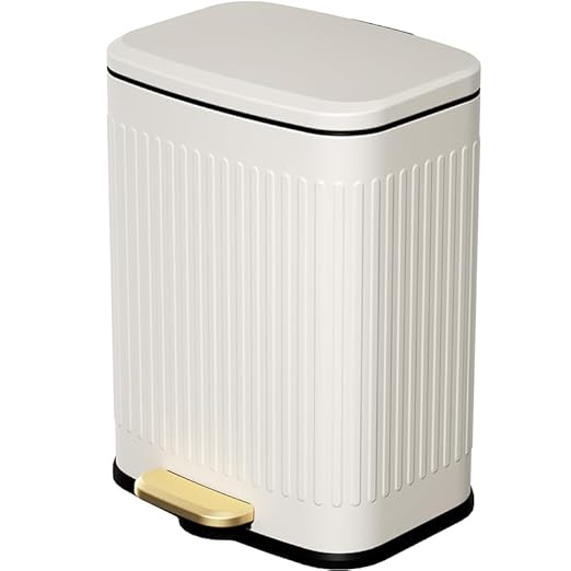 MRBIN Metal Bathroom Trash Can with Lid, Step Small Kitchen Waste Basket Touchless Soft Close, 12L / 3.2gal Rectangle Garbage Bucket with Stainless Steel Pedal for Office, Bedroom Accessories, White