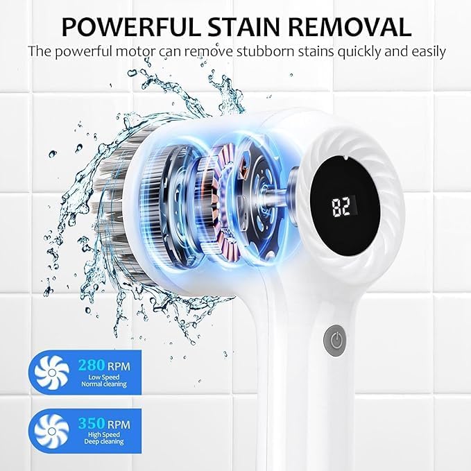 Electric Cleaning Brush Cordless, IPX6 Waterproof Electric Spin Scrubber, Sonic Scrubber with LED Display, 5Replacement Heads, 2 Adjustable Speeds Bathroom Brush for Kitchen/Tile/Garden/Floor/car